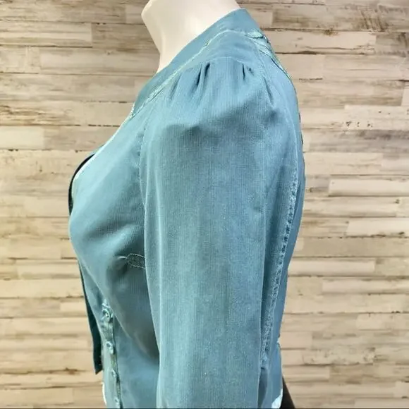 Marc Jacobs Military Style Cotton Blazer Womens Size 4 Light Teal Ribbon Detail - Picture 8 of 15